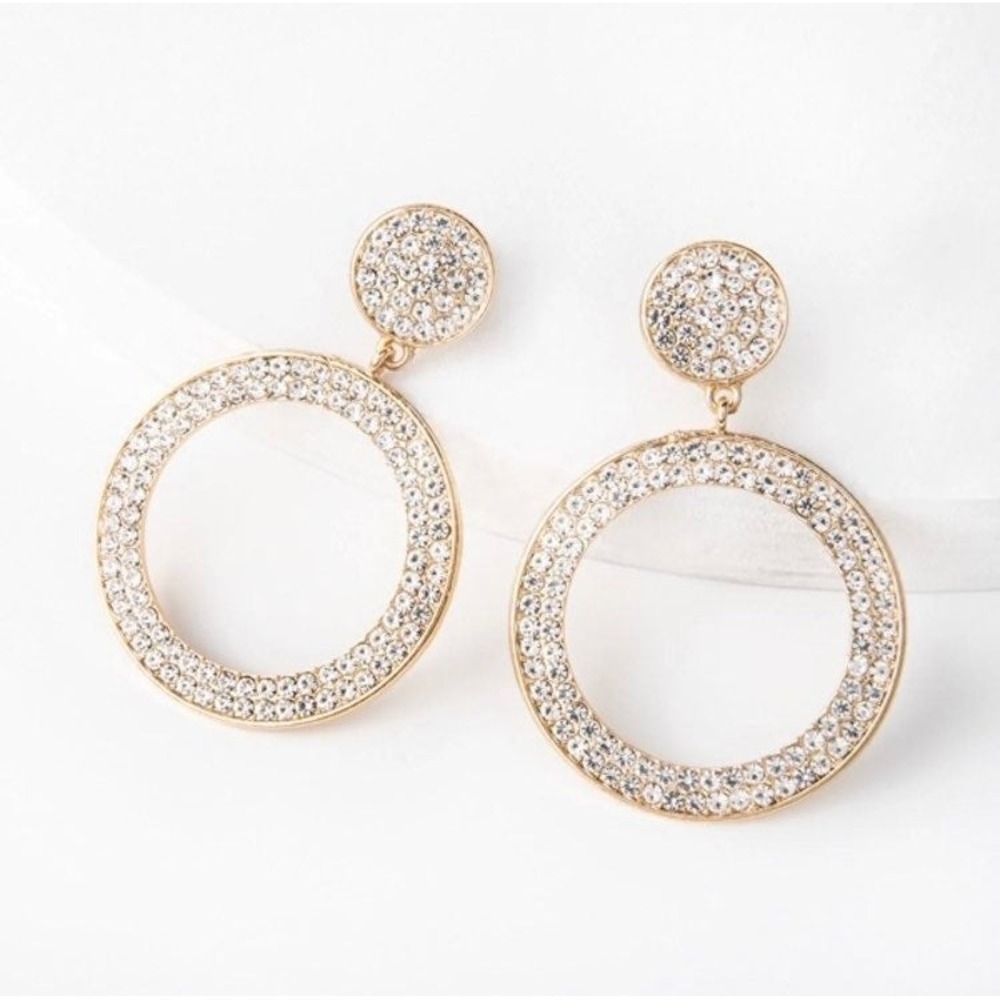 Gold Crystal Hoop Drop Earrings Rhinestone Statement Circle Dangle Womens